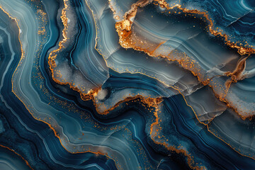 Beautiful Blue and Gold agate surface, abstract background in the style of nature. Created with Ai - obrazy, fototapety, plakaty