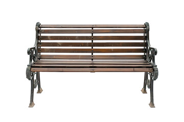 An empty slatted wood and iron public park bench isolated on Transparent - obrazy, fototapety, plakaty
