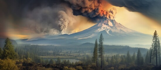 A mountain with a plume of smoke and smoke rising from it, creating a dramatic scene - obrazy, fototapety, plakaty