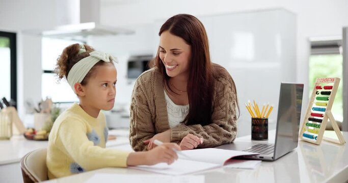 Happy mother, child and writing with book for homework, mathematics or counting at home. Proud mom helping young kid, girl or teenager with addition, subtraction or math in notebook on table at house