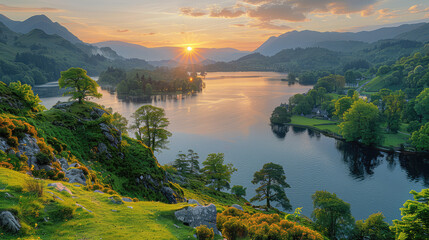 A panoramic view of the Scottish lake district at sunset, with lush green hills and trees surrounding its tranquil waters. Created with Ai - obrazy, fototapety, plakaty
