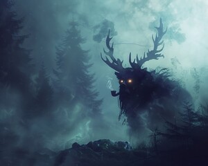 Shadowed beast with glowing eyes, smoking a pipe, skull floating on head, misty forest background , high resolution - obrazy, fototapety, plakaty