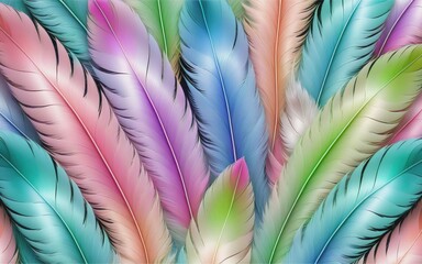 An abstract background featuring pastel-colored feathers, evoking an energetic, dark fantasy atmosphere reminiscent of an oil pastel drawing