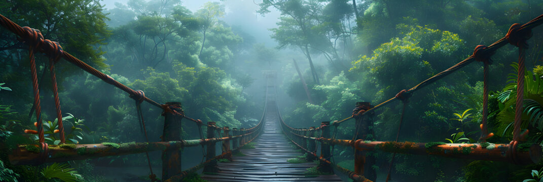 Archaic Suspension Bridge Crossing the Jungle,
Jungle forest bridge 3d image 