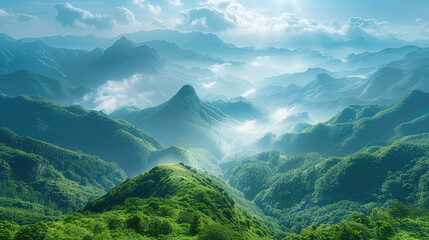 The green mountains surround the blue sky and white clouds, creating an endless mountain range with a wide view of green vegetation below. Created with Ai - obrazy, fototapety, plakaty