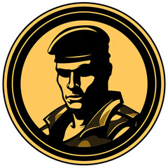 A logo of a soldier wearing a black beret with a yellow background - obrazy, fototapety, plakaty