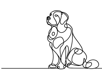 Continuous one black line drawing of dog outline doodle vector illustrationon white background