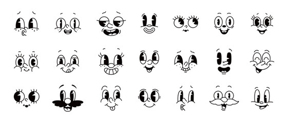 Cartoon comic groovy face emotions vector set, featuring lively expressions like joy, smile, surprise, and mischief. Whimsical characters feelings in retro funky style, monochrome personage emoticons