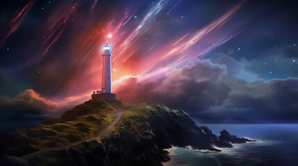 Cosmic Lighthouse with light star a breathtaking astrophotography image - obrazy, fototapety, plakaty
