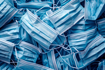 Pile of blue disposable surgical masks, health safety medical equipment