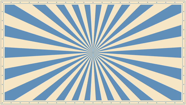 Circus retro sunburst background. Vector nostalgic carnival rays pattern with blue and white faded color vintage radiating beams emanating from a central point, evoking the nostalgic magic of old time