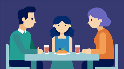 Fototapeta premium A picture showing a family sitting at a dinner table with the parents and the adolescent looking in opposite directions and not making eye