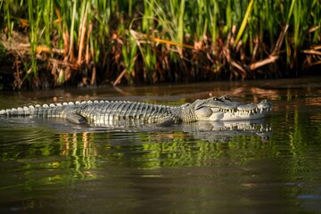 Crocodile swimming in river, reptile in motion, natural habitat