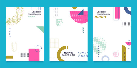 Poster or cover background, Memphis modern geometric design with abstract shapes. Vibrant vector vertical card templates, dynamic visual compositions with bold playful patterns and bright colors
