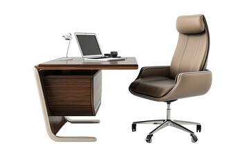 Comfortable office chair near table with modern laptop computer isolated on Transparent