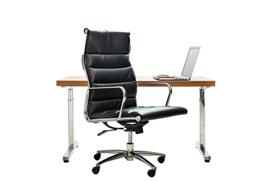 Comfortable office chair near table with modern laptop computer isolated on Transparent