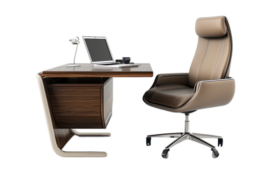Comfortable office chair near table with modern laptop computer isolated on Transparent