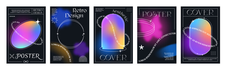 Fototapeta premium Gradient brutal y2k posters or cover vector templates. Vertical black backgrounds with neon glowing geometric shapes, butterfly figure in retro-futuristic style. Social media stories promo banners