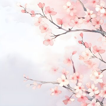 Cherry blossom sakura pink branches with flowers, watercolor painting on white background, with copy space for text, banner wallpaper, wedding invitation 