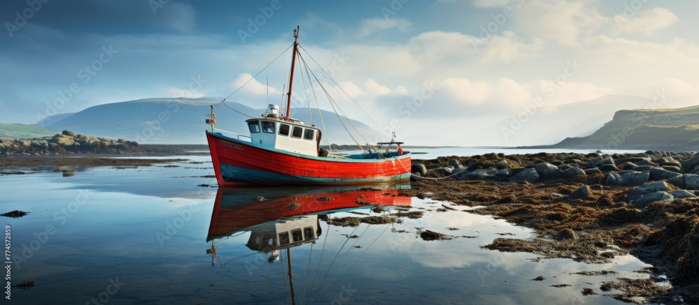 Sticker A small boat is moored on the pebbly shore of a rocky beach, with majestic mountains in the distant background