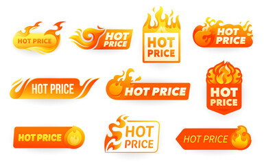 Hot price offer labels, promotion deal emblems with fire flames. Isolated vector badges, tags or icons with burning blaze tongues. Special offer promo for discounted items, retail or clearance sales