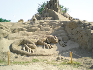 Large sand lizard at the sand figure festival based on the Arabian tales the 1001 Nights of Antalya City 2007 in Antalya in Turkey