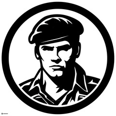 A logo of a soldier looking at the camera with a strong expression - obrazy, fototapety, plakaty