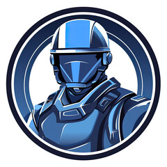 A logo of a futuristic blue soldier within a circle - obrazy, fototapety, plakaty