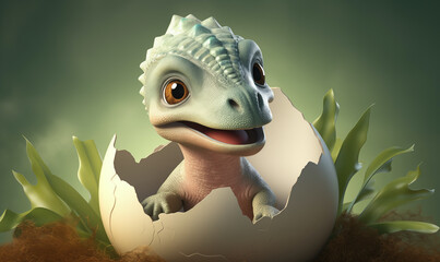 3d rendered style baby dinosaur busting out of a cracked eggshell with a happy expression on its face; green theme lizard background image