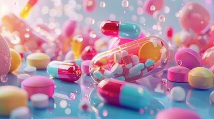 3D cartoon showcasing various antacid medications in action, animated in a playful, educational style - obrazy, fototapety, plakaty