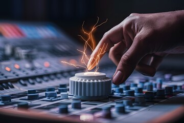 Electricity illuminates sound mixer knob in recording studio, technology concept