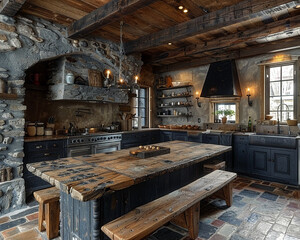 Obraz na płótnie Canvas Rustic farmhouse kitchen with a large wooden table and antique fixtureshigh detailed