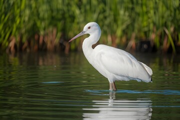 Elegant white bird stands gracefully in serene waters, a tranquil sight