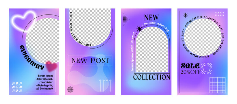 Purple and violet y2k brutal posters, social media post templates. Vector vertical story backgrounds with neon glowing gradients and geometric round and arched frames for sale or new collection promo
