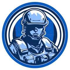 A logo of a soldier with a blue and white background - obrazy, fototapety, plakaty