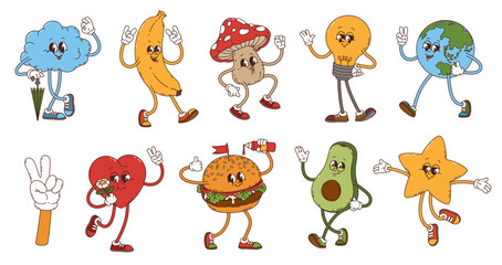Cartoon retro groovy characters set. Vector cloud, banana, amanita mushroom and light bulb. Earth planet, hand with peace gesture, heart and burger with avocado and star. Psychedelic funky personages