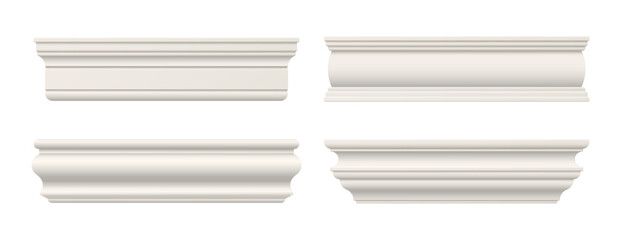 Trim molding, moulding cornice, interior wall skirting baseboard. isolated realistic 3d vector decorative architectural elements. Gypsum, plaster, wooden or styrofoam house ledges in classic style