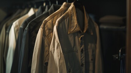 Various mens shirts neatly hung on a rack