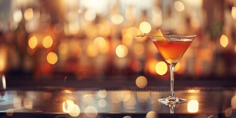 Detailed view of an elegant cocktail placed on a bar counter, showcasing the drinks ingredients and presentation