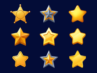 Game rank golden stars, cartoon icons denoting player success, achievement or level up progression, skills, awards or completion, enhancing the gaming experience. Vector set of gold gui stars set - obrazy, fototapety, plakaty