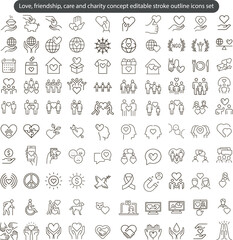 Love, friendship, care and charity concept editable stroke outline icons set isolated on white background flat vector illustration. Pixel perfect