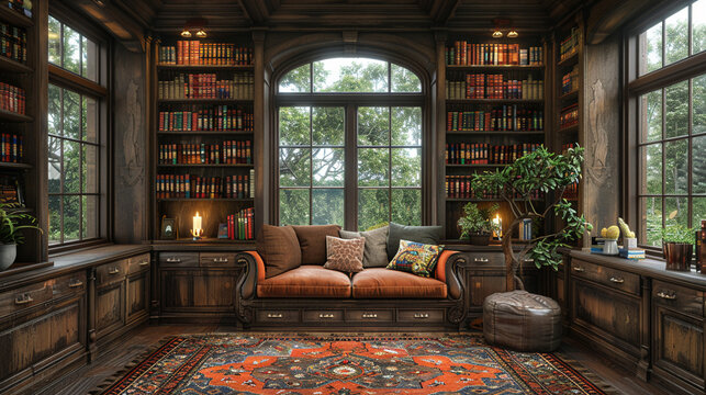 Warm-toned library with built-in bookshelves and a cozy reading nookhigh detailed