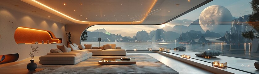 Naklejka na ściany i meble High-tech smart home living room with integrated technology and sleek furnitureup32K HD