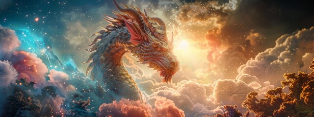 A captivating fantasy illustration of a mythical creature, A Dragon against aesthetic magical scene