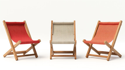 Three canvas chairs with red, beige, and orange fabric.