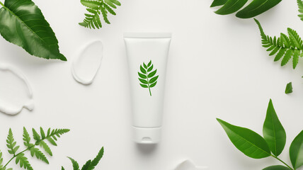 White cosmetic tube with green leaves on white background. - obrazy, fototapety, plakaty