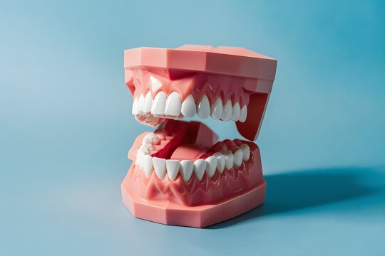 Frame Plastic model of human jaw with white teeth, dental concept