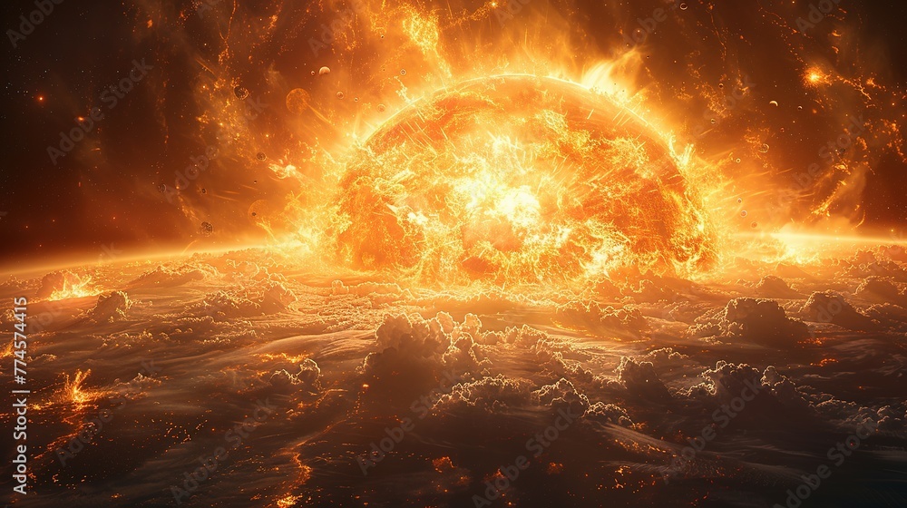 Poster a view of a supernova explosion with its bright light and shockwave visible. supernova destroying pl