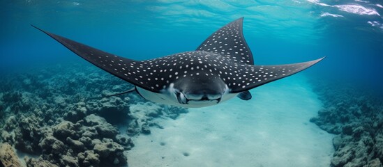 Naklejka premium A giraffe swimming gracefully in the ocean as a massive fish swims in the background, creating a unique underwater scene