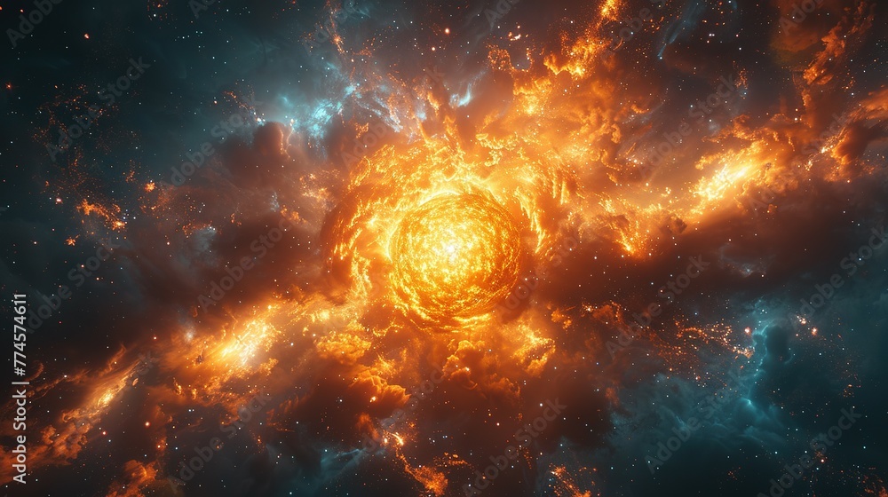 Poster a view of a supernova explosion with its bright light and shockwave visible. supernova destroying pl